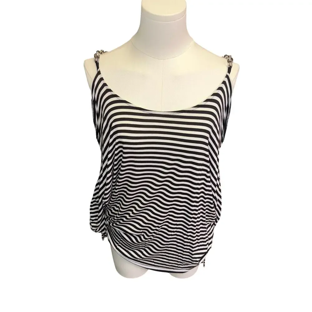 Michael Kors Cold Shoulder Top L Striped Black White Chain Strap